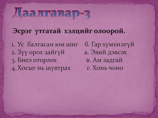 1. Ус балгасан юм шиг б. Гар хумхилгүй
2. Зүү орох зайгүй    а. Эвий дэвсэх
3. Биеэ оторлох        в. Ам задгай
4. Хосыг нь шувтрах    г. Хонь чоно
 