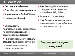 SSDL для руководителей PDUG
Постоянное обучение
Способы доставки тренингов
Упражнения и Лабы (30 мин)
Измерение Знаний
Обследовать
подготовленность организации
по темам безопасности и
защиты данных (privacy)
При необходимости создать
стандартные курсы обучения
• Basics minimum baseline
• Raise User Awareness
Кто: Все задействованные
сотрудники в технических
ролях (Devs, QA, PMs)
Как часто: 1+ раз в год
Что: Знания для выполнения
остальных фаз + как работаем
по новому процессу
0. Education
SSDL Митап, Москва, Белые Сады 22
Безопасность – дело
каждого!
25 ноября 2016
 