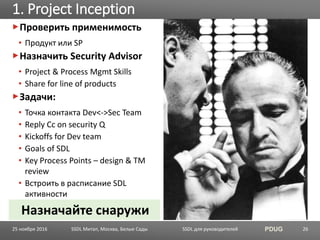 SSDL для руководителей PDUG
Проверить применимость
• Продукт или SP
Назначить Security Advisor
• Project & Process Mgmt Skills
• Share for line of products
Задачи:
• Точка контакта Dev<->Sec Team
• Reply Cc on security Q
• Kickoffs for Dev team
• Goals of SDL
• Key Process Points – design & TM
review
• Встроить в расписание SDL
активности
1. Project Inception
SSDL Митап, Москва, Белые Сады 26
Назначайте снаружи
25 ноября 2016
 