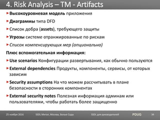 SSDL для руководителей PDUG
Высокоуровневая модель приложения
Диаграммы типа DFD
Список добра (assets), требующего защиты
Угрозы системе отранжированные по рискам
Список компенсирующих мер (опционально)
Плюс вспомогательная информация:
Use scenarios Конфигурации развертывания, как обычно пользуются
External dependencies Продукты, компоненты, сервисы, от которых
зависим
Security assumptions На что можем рассчитывать в плане
безопасности в сторонних компонентах
External security notes Полезная информация админам или
пользователями, чтобы работать более защищенно
4. Risk Analysis – TM - Artifacts
SSDL Митап, Москва, Белые Сады 3425 ноября 2016
 