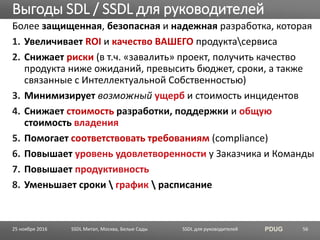 SSDL для руководителей PDUG
Более защищенная, безопасная и надежная разработка, которая
1. Увеличивает ROI и качество ВАШЕГО продуктасервиса
2. Снижает риски (в т.ч. «завалить» проект, получить качество
продукта ниже ожиданий, превысить бюджет, сроки, а также
связанные с Интеллектуальной Собственностью)
3. Минимизирует возможный ущерб и стоимость инцидентов
4. Снижает стоимость разработки, поддержки и общую
стоимость владения
5. Помогает соответствовать требованиям (compliance)
6. Повышает уровень удовлетворенности у Заказчика и Команды
7. Повышает продуктивность
8. Уменьшает сроки  график  расписание
Выгоды SDL / SSDL для руководителей
SSDL Митап, Москва, Белые Сады 5625 ноября 2016
 