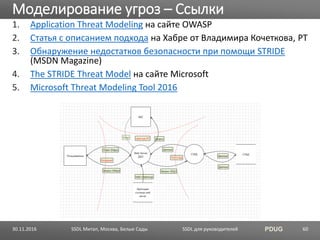 SSDL для руководителей PDUG
1. Application Threat Modeling на сайте OWASP
2. Статья с описанием подхода на Хабре от Владимира Кочеткова, PT
3. Обнаружение недостатков безопасности при помощи STRIDE
(MSDN Magazine)
4. The STRIDE Threat Model на сайте Microsoft
5. Microsoft Threat Modeling Tool 2016
Моделирование угроз – Ссылки
30.11.2016 SSDL Митап, Москва, Белые Сады 60
 