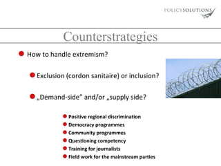 Counterstrategies
How to handle extremism?
Exclusion (cordon sanitaire) or inclusion?
„Demand-side” and/or „supply side?
Positive regional discrimination
Democracy programmes
Community programmes
Questioning competency
Training for journalists
Field work for the mainstream parties

 