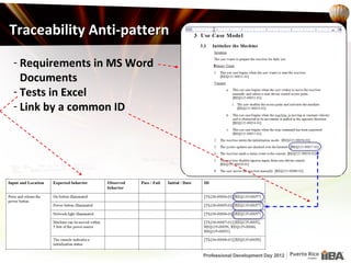 Traceability Anti-pattern

- Requirements in MS Word
  Documents
- Tests in Excel
- Link by a common ID
 