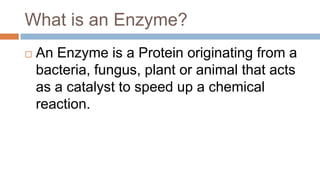 What is an Enzyme?
   An Enzyme is a Protein originating from a
    bacteria, fungus, plant or animal that acts
    as a catalyst to speed up a chemical
    reaction.
 