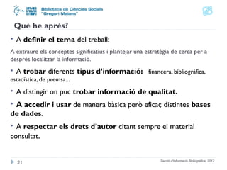 Què he après? 
 A definir el tema del treball: 
A extraure els conceptes significatius i plantejar una estratègia de cerca per a 
després localitzar la informació. 
 A trobar diferents tipus d’informació: financera, bibliogràfica, 
estadística, de premsa... 
 A distingir on puc trobar informació de qualitat. 
 A accedir i usar de manera bàsica però eficaç distintes bases 
de dades. 
 A respectar els drets d’autor citant sempre el material 
consultat. 
Secció d'Informació Bibliogràfica. 2012 
21 
 