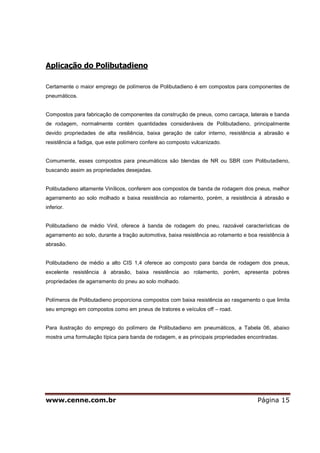 www.cenne.com.br Página 15
Aplicação do Polibutadieno
Certamente o maior emprego de polímeros de Polibutadieno é em compostos para componentes de
pneumáticos.
Compostos para fabricação de componentes da construção de pneus, como carcaça, laterais e banda
de rodagem, normalmente contém quantidades consideráveis de Polibutadieno, principalmente
devido propriedades de alta resiliência, baixa geração de calor interno, resistência a abrasão e
resistência a fadiga, que este polímero confere ao composto vulcanizado.
Comumente, esses compostos para pneumáticos são blendas de NR ou SBR com Polibutadieno,
buscando assim as propriedades desejadas.
Polibutadieno altamente Vinílicos, conferem aos compostos de banda de rodagem dos pneus, melhor
agarramento ao solo molhado e baixa resistência ao rolamento, porém, a resistência à abrasão e
inferior.
Polibutadieno de médio Vinil, oferece á banda de rodagem do pneu, razoável características de
agarramento ao solo, durante a tração automotiva, baixa resistência ao rolamento e boa resistência à
abrasão.
Polibutadieno de médio a alto CIS 1,4 oferece ao composto para banda de rodagem dos pneus,
excelente resistência à abrasão, baixa resistência ao rolamento, porém, apresenta pobres
propriedades de agarramento do pneu ao solo molhado.
Polímeros de Polibutadieno proporciona compostos com baixa resistência ao rasgamento o que limita
seu emprego em compostos como em pneus de tratores e veículos off – road.
Para ilustração do emprego do polímero de Polibutadieno em pneumáticos, a Tabela 06, abaixo
mostra uma formulação típica para banda de rodagem, e as principais propriedades encontradas.
 