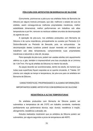 31
PÓS-CURA DOS ARTEFATOS EM BORRACHA DE SILICONE
Comumente, promove-se a pós-cura nos artefatos feitos de Borracha de
Silicone por alguns motivos principais, que são: melhorar o estado de cura do
artefato, assim conseguindo-se melhores propriedades mecânicas, melhor
estabilidade dimensional, melhor performances em trabalhos sob altas
temperaturas e por fim, remover os resíduos voláteis oriundos da decomposição
do agente de cura.
A operação de pós-cura, nos artefatos produzidos com Borracha de
Silicone é de suma importância, principalmente os curados por Peróxido 2,4-
Dicloro-Benzoila ou Peróxido de Benzoila, pois, os sub-produtos da
decomposição destes curativos poderá causar reversão em artefatos que
trabalham sob altas temperaturas, comprometendo suas propriedades
mecânicas e reduzindo a vida útil, da peça.
Para operação de pós-cura, podem ser usadas estufas com aquecimento
elétrico ou a gás, também é imprescindível uma boa circulação de ar (mínimo
de 1,0m3
/min. Por kg de artefato de Silicone) no interior da estufa.
As peças deverão ser acondicionadas, dentro da estufa, de maneira que
todas suas superfícies fiquem expostas ao ar quente circulante. A “Tabela 03”
orienta com relação ao tempo e temperatura, de pós-cura para os artefatos em
Borracha de Silicone.
CARACTERÍSTICAS, PROPRIEDADES E ALGUMAS INFORMAÇÕES
IMPORTANTES SOBRE ARTEFATOS COM BORRACHA DE SILICONE
RESISTÊNCIA A ALTAS TEMPERATURAS
Os artefatos produzidos com Borracha de Silicone podem ser
submetidos a temperatura de até 315ºC em trabalho constante, mantendo
perfeitamente sua performance técnica, seja: dureza, resistência à tração,
alongamento, resistência a abrasão, etc.
Estudos realizados mostraram que os artefatos de Silicone podem ser
submetidos, por alguns segundos a picos de temperatura até 400ºC.
 