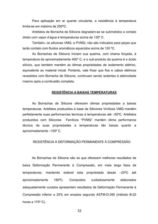 32
Para aplicação em ar quente circulante, a resistência à temperatura
limita-se em máximo de 250ºC.
Artefatos de Borracha de Silicone degradam-se se submetidos a contato
direto com vapor d’água à temperaturas acima de 130º C.
Também, os silicones VMQ. e PVMQ. não são indicados para peças que
terão contato com fluidos aromáticos aquecidos acima de 120 ºC.
As Borrachas de Silicone iniciam sua queima, com chama forçada, à
temperatura de aproximadamente 400º C, e o sub-produto da queima é o ácido
silícico, que também mantém as ótimas propriedades de isolamento elétrico,
equivalente ao material inicial. Portanto, vale frisar que fios e cabos elétricos
revestidos com Borracha de Silicone, continuam sendo isolantes à eletricidade
mesmo após a combustão completa.
RESISTÊNCIA A BAIXAS TEMPERATURAS
As Borrachas de Silicone oferecem ótimas propriedades a baixas
temperaturas. Artefatos produzidos à base de Silicones Vinílicos VMQ mantém
perfeitamente suas performances técnicas à temperaturas até –50ºC. Artefatos
produzidos com Silicones Fenílicos “PVMQ” mantém ótima performance
técnica de suas propriedades à temperaturas tão baixas quanto a
aproximadamente –100º C.
RESISTÊNCIA À DEFORMAÇÃO PERMANENTE À COMPRESSÃO
As Borrachas de Silicone são as que oferecem melhores resultados de
baixa Deformação Permanente à Compressão, em mais larga faixa de
temperaturas, mantendo estável esta propriedade desde –25ºC até
aproximadamente 180ºC. Compostos cuidadosamente elaborados
adequadamente curados apresentam resultados de Deformação Permanente à
Compressão inferior a 25% em ensaios segundo ASTM-D.395 (método B-22
horas a 175º C).
 