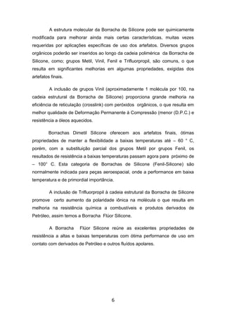 6
A estrutura molecular da Borracha de Silicone pode ser quimicamente
modificada para melhorar ainda mais certas características, muitas vezes
requeridas por aplicações específicas de uso dos artefatos. Diversos grupos
orgânicos poderão ser inseridos ao longo da cadeia polimérica da Borracha de
Silicone, como; grupos Metil, Vinil, Fenil e Trifluorpropil, são comuns, o que
resulta em significantes melhorias em algumas propriedades, exigidas dos
artefatos finais.
A inclusão de grupos Vinil (aproximadamente 1 molécula por 100, na
cadeia estrutural da Borracha de Silicone) proporciona grande melhoria na
eficiência de reticulação (crosslink) com peróxidos orgânicos, o que resulta em
melhor qualidade de Deformação Permanente à Compressão (menor (D.P.C.) e
resistência a óleos aquecidos.
Borrachas Dimetil Silicone oferecem aos artefatos finais, ótimas
propriedades de manter a flexibilidade a baixas temperaturas até – 60 ° C,
porém, com a substituição parcial dos grupos Metil por grupos Fenil, os
resultados de resistência a baixas temperaturas passam agora para próximo de
– 100° C. Esta categoria de Borrachas de Silicone (Fenil-Silicone) são
normalmente indicada para peças aeroespacial, onde a performance em baixa
temperatura e de primordial importância.
A inclusão de Trifluorpropil à cadeia estrutural da Borracha de Silicone
promove certo aumento da polaridade iônica na molécula o que resulta em
melhoria na resistência química a combustíveis e produtos derivados de
Petróleo, assim temos a Borracha Flúor Silicone.
A Borracha Flúor Silicone reúne as excelentes propriedades de
resistência a altas e baixas temperaturas com ótima performance de uso em
contato com derivados de Petróleo e outros fluídos apolares.
 