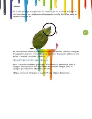 Capitulo 2


Por su parte, la imagen de mapa de bits está compuesta por una cuadrícula de píxeles de
color. Las imágenes con variaciones complejas de color, como las fotografías, suelen ser
imágenes de mapa de bits.




                                                                                             10




Así como otras aplicaciones ofrecen herramientas para editar formas vectoriales o imágenes
de mapa de bits, Fireworks permite trabajar con ambos tipos de elementos gráficos. En esta
sección va a trabajar con objetos vectoriales.

CREACIÓN DE OBJETOS VECTORIALES

Ahora va a crear dos elementos gráficos para el documento. En primer lugar, creará un
rectángulo azul que colocará en la parte inferior del documento. Después creará un
rectángulo que será el borde del contenido del lienzo.

1 Elija la herramienta Rectángulo en la sección Vector del panel Herramientas.
 