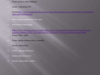 

Tema: acero y vida cotidiana



Autor: industrias CH



Fuentehttp://www.industriasch.com.mx/index.php?option=com_content&view=article&id=2
3&Itemid=468&lang=es



tema: de que están hechas las cosas



Autor:nueva tecnología



http://www.tareasya.com.mx/index.php/tareas-ya/secundaria/introduccion-a-la-fisica-yquimica/materia/2052-%C2%BFDe-qu%C3%A9-est%C3%A1n-hechas-las-cosas?.html
Autor: Ortiz rubio



Tema: rápida construcción y reusable



Fuente: diario libre



Titulo: ventajas del acero



Autor: patricia Leonor



Fuente: diario libre- online



 