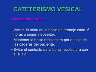 CATETERISMO VESICAL RECOMENDACIONES: Vaciar  la orina de la bolsa de drenaje cada  6 horas o según necesidad. Mantener la bolsa recolectora por debajo de las caderas del paciente. Evitar el contacto de la bolsa recolectora con el suelo . 