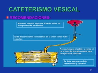 CATETERISMO VESICAL RECOMENDACIONES: Se debe asegurar un flujo descendente y continuo Evite desconexiones innecesarias de la unión sonda- tubo colector. Mantener asepsia rigurosa durante todas las manipulaciones del sistema. Nunca obstruya el catéter o sonda  si no el tubo del drenaje cerrado para los ejercicios vesicales. 
