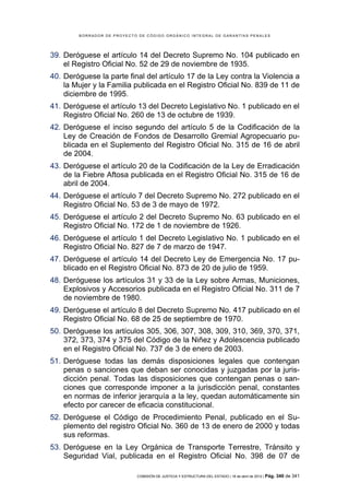 BORRADOR DE PROYECTO DE CÓDIGO ORGÁNICO INTEGRAL DE GARANTÍAS PENALES




39. Deróguese el artículo 14 del Decreto Supremo No. 104 publicado en
    el Registro Oficial No. 52 de 29 de noviembre de 1935.
40. Deróguese la parte final del artículo 17 de la Ley contra la Violencia a
    la Mujer y la Familia publicada en el Registro Oficial No. 839 de 11 de
    diciembre de 1995.
41. Deróguese el artículo 13 del Decreto Legislativo No. 1 publicado en el
    Registro Oficial No. 260 de 13 de octubre de 1939.
42. Deróguese el inciso segundo del artículo 5 de la Codificación de la
    Ley de Creación de Fondos de Desarrollo Gremial Agropecuario pu-
    blicada en el Suplemento del Registro Oficial No. 315 de 16 de abril
    de 2004.
43. Deróguese el artículo 20 de la Codificación de la Ley de Erradicación
    de la Fiebre Aftosa publicada en el Registro Oficial No. 315 de 16 de
    abril de 2004.
44. Deróguese el artículo 7 del Decreto Supremo No. 272 publicado en el
    Registro Oficial No. 53 de 3 de mayo de 1972.
45. Deróguese el artículo 2 del Decreto Supremo No. 63 publicado en el
    Registro Oficial No. 172 de 1 de noviembre de 1926.
46. Deróguese el artículo 1 del Decreto Legislativo No. 1 publicado en el
    Registro Oficial No. 827 de 7 de marzo de 1947.
47. Deróguese el artículo 14 del Decreto Ley de Emergencia No. 17 pu-
    blicado en el Registro Oficial No. 873 de 20 de julio de 1959.
48. Deróguese los artículos 31 y 33 de la Ley sobre Armas, Municiones,
    Explosivos y Accesorios publicada en el Registro Oficial No. 311 de 7
    de noviembre de 1980.
49. Deróguese el artículo 8 del Decreto Supremo No. 417 publicado en el
    Registro Oficial No. 68 de 25 de septiembre de 1970.
50. Deróguese los artículos 305, 306, 307, 308, 309, 310, 369, 370, 371,
    372, 373, 374 y 375 del Código de la Niñez y Adolescencia publicado
    en el Registro Oficial No. 737 de 3 de enero de 2003.
51. Deróguese todas las demás disposiciones legales que contengan
    penas o sanciones que deban ser conocidas y juzgadas por la juris-
    dicción penal. Todas las disposiciones que contengan penas o san-
    ciones que corresponde imponer a la jurisdicción penal, constantes
    en normas de inferior jerarquía a la ley, quedan automáticamente sin
    efecto por carecer de eficacia constitucional.
52. Deróguese el Código de Procedimiento Penal, publicado en el Su-
    plemento del registro Oficial No. 360 de 13 de enero de 2000 y todas
    sus reformas.
53. Deróguese en la Ley Orgánica de Transporte Terrestre, Tránsito y
    Seguridad Vial, publicada en el Registro Oficial No. 398 de 07 de

                            COMISIÓN DE JUSTICIA Y ESTRUCTURA DEL ESTADO | 18 de abril de 2012 | Pág.   340 de 341
 