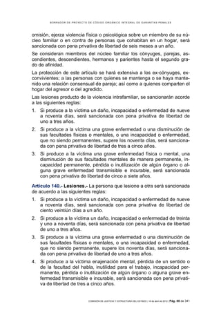 BORRADOR DE PROYECTO DE CÓDIGO ORGÁNICO INTEGRAL DE GARANTÍAS PENALES




omisión, ejerza violencia física o psicológica sobre un miembro de su nú-
cleo familiar o en contra de personas que cohabitan en un hogar, será
sancionada con pena privativa de libertad de seis meses a un año.
Se consideran miembros del núcleo familiar los cónyuges, parejas, as-
cendientes, descendientes, hermanos y parientes hasta el segundo gra-
do de afinidad.
La protección de este artículo se hará extensiva a los ex-cónyuges, ex-
convivientes; a las personas con quienes se mantenga o se haya mante-
nido una relación consensual de pareja; así como a quienes comparten el
hogar del agresor o del agredido.
Las lesiones producto de la violencia intrafamiliar, se sancionarán acorde
a las siguientes reglas:
1. Si produce a la víctima un daño, incapacidad o enfermedad de nueve
   a noventa días, será sancionada con pena privativa de libertad de
   uno a tres años.
2. Si produce a la víctima una grave enfermedad o una disminución de
   sus facultades físicas o mentales, o una incapacidad o enfermedad,
   que no siendo permanentes, supere los noventa días, será sanciona-
   da con pena privativa de libertad de tres a cinco años.
3. Si produce a la víctima una grave enfermedad física o mental, una
   disminución de sus facultades mentales de manera permanente, in-
   capacidad permanente, pérdida o inutilización de algún órgano o al-
   guna grave enfermedad transmisible e incurable, será sancionada
   con pena privativa de libertad de cinco a siete años.

Artículo 140.- Lesiones.- La persona que lesione a otra será sancionada
de acuerdo a las siguientes reglas:
1. Si produce a la víctima un daño, incapacidad o enfermedad de nueve
   a noventa días, será sancionada con pena privativa de libertad de
   ciento veintiún días a un año.
2. Si produce a la víctima un daño, incapacidad o enfermedad de treinta
   y uno a noventa días, será sancionada con pena privativa de libertad
   de uno a tres años.
3. Si produce a la víctima una grave enfermedad o una disminución de
   sus facultades físicas o mentales, o una incapacidad o enfermedad,
   que no siendo permanente, supere los noventa días, será sanciona-
   da con pena privativa de libertad de uno a tres años.
4. Si produce a la víctima enajenación mental, pérdida de un sentido o
   de la facultad del habla, inutilidad para el trabajo, incapacidad per-
   manente, pérdida o inutilización de algún órgano o alguna grave en-
   fermedad transmisible e incurable, será sancionada con pena privati-
   va de libertad de tres a cinco años.


                             COMISIÓN DE JUSTICIA Y ESTRUCTURA DEL ESTADO | 18 de abril de 2012 | Pág.   69 de 341
 