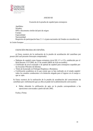 ANEXO III
Exención de la prueba de español para extranjeros
Apellidos:
Nombre:
DNI o documento similar del país de origen:
Cuerpo:
Especialidad:
Nacionalidad:
Requisitos de participación base 2.1.1 a) para nacionales de Estados no miembros de
la Unión Europea: ____________________________________________________________
EXENCIÓN PRUEBA DE ESPAÑOL
a) Estoy exento/a de la realización de la prueba de acreditación del castellano por
poseer (del cual presento fotocopia compulsada):
• Diploma de español como lengua extranjera (nivel B2, C1 o C2), establecido por el
Real Decreto 1137/2002, de 31 de octubre (BOE de 8 de noviembre)
• Certificado de nivel avanzado o de aptitud de español para extranjeros expedido por
las Escuelas Oficiales de Idiomas.
• Título de licenciado en Filología Hispánica o Románica.
• Certificación académica en la que conste que se han realizado en el estado español
todos los estudios conducentes a la titulación alegada para el ingreso en el cuerpo a
que se opta.
b) Estoy exento/a de la realización de la prueba de acreditación del conocimiento de
castellano por: (información que ya obra en poder de la administración convocante):
• Haber obtenido la calificación de apto en la prueba correspondiente a las
oposiciones convocadas a partir del año 2002.
Fecha y Firma:
48
 