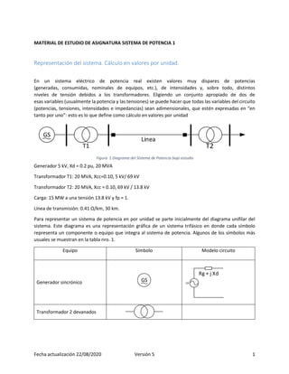 Fecha actualización 22/08/2020 Versión 5 1
MATERIAL DE ESTUDIO DE ASIGNATURA SISTEMA DE POTENCIA 1
Representación del sistema. Cálculo en valores por unidad.
En un sistema eléctrico de potencia real existen valores muy dispares de potencias
(generadas, consumidas, nominales de equipos, etc.), de intensidades y, sobre todo, distintos
niveles de tensión debidos a los transformadores. Eligiendo un conjunto apropiado de dos de
esas variables (usualmente la potencia y las tensiones) se puede hacer que todas las variables del circuito
(potencias, tensiones, intensidades e impedancias) sean adimensionales, que estén expresadas en “en
tanto por uno”: esto es lo que define como cálculo en valores por unidad
Generador 5 kV, Xd = 0.2 pu, 20 MVA
Transformador T1: 20 MVA, Xcc=0.10, 5 kV/ 69 kV
Transformador T2: 20 MVA, Xcc = 0.10, 69 kV / 13.8 kV
Carga: 15 MW a una tensión 13.8 kV y fp = 1.
Línea de transmisión: 0.41 Ω/km, 30 km.
Para representar un sistema de potencia en por unidad se parte inicialmente del diagrama unifilar del
sistema. Este diagrama es una representación gráfica de un sistema trifásico en donde cada símbolo
representa un componente o equipo que integra al sistema de potencia. Algunos de los símbolos más
usuales se muestran en la tabla nro. 1.
Equipo Símbolo Modelo circuito
Generador sincrónico GS
Rg + j Xd
CA
Transformador 2 devanados
GS
Linea
T1 T2
Figura 1 Diagrama del Sistema de Potencia bajo estudio
 