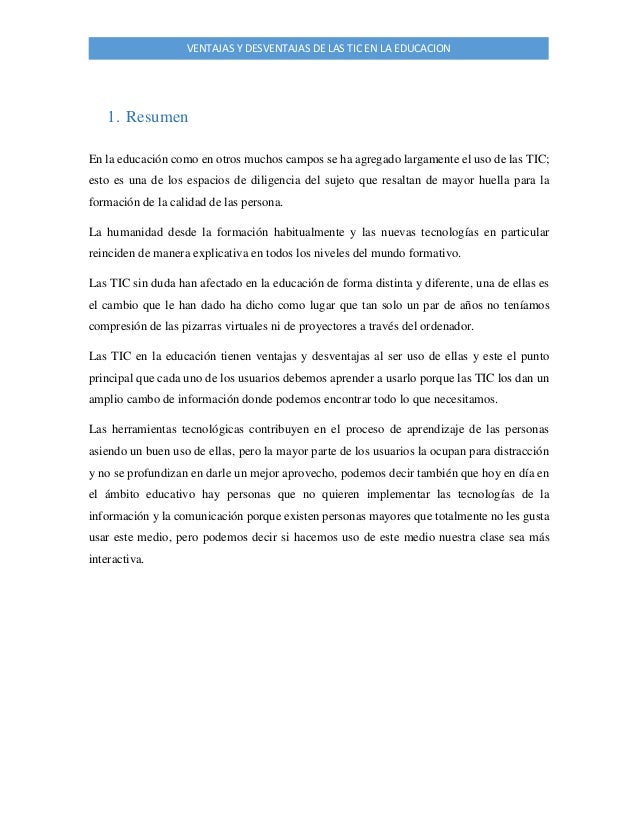 Ventajas y desventajas de las Tic en la Educación Ventajas y desventajas de las Tic en la Educación