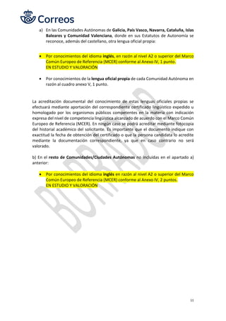 11
a) En las Comunidades Autónomas de Galicia, País Vasco, Navarra, Cataluña, Islas
Baleares y Comunidad Valenciana, donde en sus Estatutos de Autonomía se
reconoce, además del castellano, otra lengua oficial propia:
• Por conocimientos del idioma inglés, en razón al nivel A2 o superior del Marco
Común Europeo de Referencia (MCER) conforme al Anexo IV, 1 punto.
EN ESTUDIO Y VALORACIÓN
• Por conocimientos de la lengua oficial propia de cada Comunidad Autónoma en
razón al cuadro anexo V, 1 punto.
La acreditación documental del conocimiento de estas lenguas oficiales propias se
efectuará mediante aportación del correspondiente certificado lingüístico expedido u
homologado por los organismos públicos competentes en la materia con indicación
expresa del nivel de competencia lingüística alcanzado de acuerdo con el Marco Común
Europeo de Referencia (MCER). En ningún caso se podrá acreditar mediante fotocopia
del historial académico del solicitante. Es importante que el documento indique con
exactitud la fecha de obtención del certificado o que la persona candidata lo acredite
mediante la documentación correspondiente, ya que en caso contrario no será
valorado.
b) En el resto de Comunidades/Ciudades Autónomas no incluidas en el apartado a)
anterior:
• Por conocimientos del idioma inglés en razón al nivel A2 o superior del Marco
Común Europeo de Referencia (MCER) conforme al Anexo IV, 2 puntos.
EN ESTUDIO Y VALORACIÓN
 