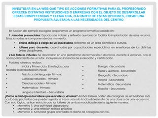 INVESTIGAR EN LA WEB QUÉ TIPO DE ACCIONES FORMATIVAS PARA EL PROFESORADO
OFRECEN DISTINTAS INSTITUCIONES O EMPRESAS CON EL OBJETO DE DESARROLLAR
ESTAS COMPETENCIAS Y ELEGIR UNA, O A PARTIR DE ESTAS OPCIONES, CREAR UNA
PROPUESTA AJUSTADA A LAS NECESIDADES DEL CENTRO
En función del ejemplo escogido proponemos un programa formativo basado en:
1 Jornadas presenciales: Espacios de trabajo y reflexión que buscan facilitar la implantación de esos recursos.
Estas jornadas se componen de dos momentos.
• charla-diálogo a cargo de un especialista, referente de un área científica o cultural.
• talleres para docentes, coordinados por capacitadores especialistas en enseñanza de las distintas
áreas disciplinares.
2 Los talleres virtuales: Se desarrollan en una plataforma de formación a distancia, durante 5 semanas, con el
acompañamiento de un tutor. Incluyen una instancia de evaluación y certificación.
Posibles talleres a realizar:
• Inicial y Primer ciclo: Estrategias para
abordar la alfabetización inicial
• Prácticas del lenguaje- Primaria
• Ciencias Naturales - Primaria
• Ciencias sociales - Primaria
• Matemática - Primaria
• Lengua y Literatura – Secundaria
• Biología - Secundaria
• Física y Química - Secundaria
• Geografía - Secundaria
• Historia - Secundaria
• Matemática - Secundaria
• Filosofía – Secundaria
¿Cómo se trabaja en los talleres presenciales y virtuales? Ambos talleres parten de consignas de actividades más
acotadas/ pautadas que pueden ayudar a trazar una ruta hacia el desarrollo de una clase o de una secuencia.
Con esta lógica, se han estructurado los talleres de ambas modalidades de la siguiente manera:
• Momento 1: Una actividad disparadora
• Momento 2: Una reflexión teórico-práctica
• Momento 3: Actividad grupal orientada al diseño de consignas con TIC.
 
