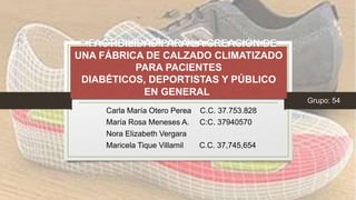 “ FACTIBILIDAD PARA LA CREACIÓN DE
UNA FÁBRICA DE CALZADO CLIMATIZADO
PARA PACIENTES
DIABÉTICOS, DEPORTISTAS Y PÚBLICO
EN GENERAL
Carla María Otero Perea C.C. 37.753.828
María Rosa Meneses A. C:C. 37940570
Nora Elizabeth Vergara
Maricela Tique Villamil C.C. 37,745,654
Grupo: 54
 