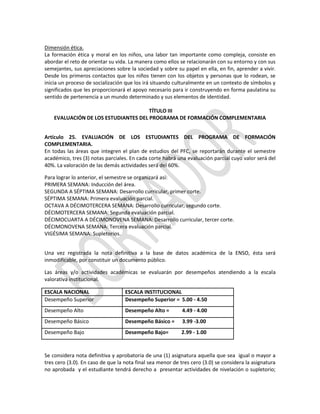 Dimensión ética.
La formación ética y moral en los niños, una labor tan importante como compleja, consiste en
abordar el reto de orientar su vida. La manera como ellos se relacionarán con su entorno y con sus
semejantes, sus apreciaciones sobre la sociedad y sobre su papel en ella, en fin, aprender a vivir.
Desde los primeros contactos que los niños tienen con los objetos y personas que lo rodean, se
inicia un proceso de socialización que los irá situando culturalmente en un contexto de símbolos y
significados que les proporcionará el apoyo necesario para ir construyendo en forma paulatina su
sentido de pertenencia a un mundo determinado y sus elementos de identidad.
TÍTULO III
EVALUACIÓN DE LOS ESTUDIANTES DEL PROGRAMA DE FORMACIÓN COMPLEMENTARIA
Artículo 25. EVALUACIÓN DE LOS ESTUDIANTES DEL PROGRAMA DE FORMACIÓN
COMPLEMENTARIA.
En todas las áreas que integren el plan de estudios del PFC, se reportarán durante el semestre
académico, tres (3) notas parciales. En cada corte habrá una evaluación parcial cuyo valor será del
40%. La valoración de las demás actividades será del 60%.
Para lograr lo anterior, el semestre se organizará así:
PRIMERA SEMANA: Inducción del área.
SEGUNDA A SÉPTIMA SEMANA: Desarrollo curricular, primer corte.
SÉPTIMA SEMANA: Primera evaluación parcial.
OCTAVA A DÉCIMOTERCERA SEMANA: Desarrollo curricular, segundo corte.
DÉCIMOTERCERA SEMANA: Segunda evaluación parcial.
DÉCIMOCUARTA A DÉCIMONOVENA SEMANA: Desarrollo curricular, tercer corte.
DÉCIMONOVENA SEMANA: Tercera evaluación parcial.
VIGÉSIMA SEMANA: Supletorios.
Una vez registrada la nota definitiva a la base de datos académica de la ENSO, ésta será
inmodificable, por constituir un documento público.
Las áreas y/o actividades académicas se evaluarán por desempeños atendiendo a la escala
valorativa institucional.
ESCALA NACIONAL
Desempeño Superior

ESCALA INSTITUCIONAL
Desempeño Superior = 5.00 - 4.50

Desempeño Alto

Desempeño Alto =

4.49 - 4.00

Desempeño Básico

Desempeño Básico =

3.99 -3.00

Desempeño Bajo

Desempeño Bajo=

2.99 - 1.00

Se considera nota definitiva y aprobatoria de una (1) asignatura aquella que sea igual o mayor a
tres cero (3.0). En caso de que la nota final sea menor de tres cero (3.0) se considera la asignatura
no aprobada y el estudiante tendrá derecho a presentar actividades de nivelación o supletorio;

 