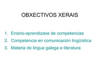 OBXECTIVOS XERAIS Ensino-aprendizaxe de competencias Competencia en comunicación lingüística Materia de lingua galega e literatura 