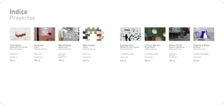 Indice
Proyectos



Conceptos                Vivienda
                             3
                                                Marimekko              Marimekko              Escaparate               Corner Me too           Micro CCCB             Papelera Boya
Ideas para la vivienda   125m                   Showroom               Stand                  Riddle, by Jean Nouvel   Ropa infantil           Espacio exposición     De playa
Diseño de interiores     Diseño de interiores   Diseño de interiores   Diseño de interiores   Diseño de interiores     Diseño de interiores    Diseño de interiores   Diseño de producto


PROYECTOS IV             PROYECTOS IV           PROYECTOS V            PROYECTOS V            APII-DISEÑO DE STANDS    APII-DISEÑO DE STANDS   PROYECTOS VI           APIII-MOBILIARIO URBANO
                                                Paula Cobo                                                                                     Paula Cobo
Marta Borrajo            Marta Borrajo          Marta Borrajo          Marta Borrajo          Marta Borrajo            Marta Borrajo           Marta Borrajo          Marta Borrajo

PAG.01                   PAG.05                 PAG.13                 PAG.23                 PAG.27                   PAG.31                  PAG.33                 PAG.45
 