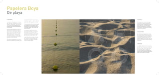 Papelera Boya
De playa
CONCEPTO                                un elemento natural sino que sería      MATERIAL
                                        interesante que se integrara como un
La papelera de playa que considero      objeto más diseñado por el hombre.      Es de polietileno de alta densidad,
que está mejor integrada en su entor-                                           coloreado en masa y estabilizado
no es la “Pedra negra“ de A. Montes     Tras un analisis de los elementos que   frente la accion combinada del agua
y E. Pericas. Está inspirada en un      se encuentran en las playas, decidí     y los rayos U.V.. Un material que
elemento de la naturaleza presente      insprirarme en las boyas porque me      proporciona ligereza y resistencia a
en el espacio.                          resultaban objetos interesantes por     la intemperie. Se fabricará en piezas
                                        varios motivos:                         mediante la inyección.
Es cierto que la playa es un entorno
natural, pero el hombre ha interve-     Las boyas son elementos que se
nido y vive en este espacio. Tanto la   encuentran alineados, a la vista de     COLOCACIÓN
playa como el mar están llenos de       los bañistas, que soportan unas
objetos (duchas, hamacas, sombri-       condiciones extremas, y que quedan      Es sencilla y se aguanta por si sola.
llas, boyas, barcos,...) creados por    parcialmente oculats bajo el mar.       En su parte inferior tiene unas perfo-
el hombre, pensados para convivir y                                             raciones que permiten la entrada de
funcionar en este entorno.              A partir de este elemento, teniendo     arena. Solo se tendrá que hacer un
                                        en cuenta las caracteristicas que       pequeño agujero en la arena, esta, al
Por ésto he pensado que no es nece-     debe tener una papelera de playa,       entrar en su interior la fijara automá-
sario que la papelera se integre como   nació la Papelera Boya.                 ticamente.


                                                                                LIMPIEZA

                                                                                La papelera dispone de tres puertas,
                                                                                una por bolsa. Las puertas se abrirán
                                                                                de arriba a bajo, como si pelaramos
                                                                                una naranja. Estarán unidas y se
                                                                                abriran mediante unas bisagras con
                                                                                muelle y tope. Se abrirán hasta cierto
                                                                                punto para facilitar la recogida.
 