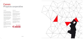 Canon
Proyecto corporativo
ENCARGO                                   PROPUESTA

Canon convoca a diseñar la nueva          La idea es crear algo más que una
tienda corporativa que expondrá la        tienda: un punto de encuentro.
gama completa de cámaras fotográfi-
cas, de vídeo y lentes para fotógrafos.   Un lugar donde todos los amantes de
                                          la fotografía puedan reunirse para
El interiorismo de la tienda deberá       intercambiar opiniones. Donde se
aplicarse a cualquier local, por lo que   puedan hacer conferencias, cursos,
se tendrá en cuenta un diseño flexible    exposiciones o eventos.
y adaptable a cualquier espacio.
                                          De esta manera los clientes se senti-
No solo se deberá tener en cuenta         rán parte de Canon.
el interiorismo de la tienda, también
se tendrá que trabajar la gráfica,        Por otro lado la tienda representa los
el vestuario de los empleados y el        origenes japoneses de la empresa asi
packaging de los productos.               como los valores que la caracterizan:
                                          tecnología, calidad, imagen...
CLIENTE
                                          Se ha trabajado el espacio de forma
Canon es una empresa que lleva            modular y orgánica. Los colores
muchos años trabajando en el sector       predominantes son los corporativos
de la imagen.                             propios de Canon.
Es una marca muy conocida que no
tiene tiendas propias, solo distribuye
a centros comerciales o a tiendas de
fotografía.

Este tipo de tiendas le ayudaria a
diferenciarse de su competencia y a
fidelizar clientes.




                                                                                   PAG.53
 