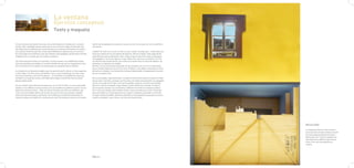 La ventana
                                            Ejercicio conceptual
                                            Texto y maqueta

Ya son muchos años dentro de casa, una enfermedad me impide salir a vuestro          detrás de los tabiques de nuestras casas, tras los muros que cierran los edificios
mundo. Han cambiado tantas cosas que ya no se si seria capaz de recordar que         vive gente.
hay detrás de los edificios que se enmarcan en mi ventana. Mi familia me cuida y
me explican historias que han vivido, describiéndome espacios que no conozco.        ¿Sabéis? El cielo no es azul, el cielo es azul, violeta, naranja, gris,…tiene todos los
En casa tengo una televisión, que casi siempre esta apagada, donde salen muchas      tonos que aparecen en una paleta de pintores. Nunca es igual, cada segundo de
imágenes de un mundo que me cuesta reconocer.                                        cada día que pasa es diferente, único. Seguro que muchos de vosotros de peque-
                                                                                     ños jugabais a reconocer figuras en las nubes ¿Por qué ya no lo hacéis? Yo miro
Las horas las paso frente a mi ventana, el único acceso a la realidad que tengo      al cielo durante largas horas y las nubes se transforman en miles de objetos, de
entre las paredes que limitan mi mundo. Desde ella veo casi un espectáculo, don-     animales, en figuras y en sueños.
de el escenario es la ciudad y los personajes son aquéllos que la habitan.           Muchos no son conscientes del poder de las ventanas, yo no me di cuenta hasta
                                                                                     que mi enfermedad me encerró en casa. Probarlo, y ya sabéis si levantáis la mira-
La ventana es un elemento mágico que me permite salir y entrar a otros espacios,     da hacia mi ventana, me conoceréis, siempre observando e imaginando el mundo
a otras vidas. He visto como una familia crece, como se destruye, he visto como      que ya no puedo tocar.
nacen las historias, como vive la gente,.... Es increíble la cantidad de cosas que
suceden a lo largo de un día, y las vidas que acabas conociendo tras tan largo       No os preocupéis. Aquí estoy bien, no quiero irme de esta casa en la que he vivido
tiempo observando.                                                                   tantos años. Soy feliz, ya tengo muchos años, he vivido intensamente, he trabajado
                                                                                     mucho a lo largo de mi vida, y aun así he podido construir una hermosa familia.
En una ciudad viven millones de personas, en un barrio miles, en una comunidad       Ahora mi vida es tranquila, tengo tiempo, puedo reflexionar, pensar en todo lo
cientos, en un edificio muchos menos y en una familia los podemos contar con los     que no pude a pensar en su momento y detenerme frente a la ventana a descu-
dedos de nuestras manos. Cada una de las familias que llena los edificios, que       brir cosas que siempre han estado ahí pero nunca me detuve a mirar. El tiempo
crean una comunidad, dentro de los barrios que forman las grandes ciudades           pasa muy deprisa, la vida apenas es un suspiro y debemos aprender a vivirla de
tiene una historia propia y particular. Sin embargo, el estrés que llevamos en       la mejor manera posible, poniendo atención en las pequeñas cosas que ocurren a
nuestras vidas nos impide ser concientes de esto. No estamos solos en el mundo,      nuestro alrededor, que a veces, son las más importantes.




                                                                                                                                                                                       RESULTADO

                                                                                                                                                                                       La maqueta expresa como una per-
                                                                                                                                                                                       sona que lleva mucho tiempo sin salir
                                                                                                                                                                                       de casa acaba perdiendo la nocion
                                                                                                                                                                                       delmundo real. Como no pueden ver
                                                                                                                                                                                       más alla de los edificios que tienen,
                                                                                                                                                                                       como si de una escenografía se
                                                                                                                                                                                       tratara.




                                                                                     PAG.71                                                                                    PAG.2
 