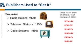 Publishers Used to “Get It”
                                                                  These TV call letters
                                 They started:
© 2013 Borrell Associates Inc.




                                                                  all relate to a local
                                                                  newspaper’s name:
                                    Radio stations: 1920s
                                                                       WTMJ-TV
                                    Television Stations: 1950s        KCRG-TV
                                                                       WSBT-TV
                                    Cable Systems: 1960s
                                                                       WBEN-TV
                                                                       KRON-TV
                                                                       WGN-TV
 