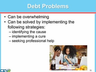 72
Debt Problems
• Can be overwhelming
• Can be solved by implementing the
following strategies:
– identifying the cause
– implementing a cure
– seeking professional help
 