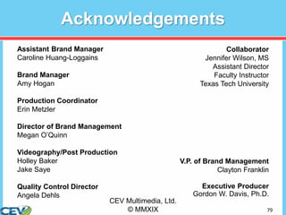 79
Acknowledgements
Assistant Brand Manager
Caroline Huang-Loggains
Brand Manager
Amy Hogan
Production Coordinator
Erin Metzler
Director of Brand Management
Megan O’Quinn
Videography/Post Production
Holley Baker
Jake Saye
Quality Control Director
Angela Dehls
Collaborator
Jennifer Wilson, MS
Assistant Director
Faculty Instructor
Texas Tech University
V.P. of Brand Management
Clayton Franklin
Executive Producer
Gordon W. Davis, Ph.D.
CEV Multimedia, Ltd.
© MMXIX
 