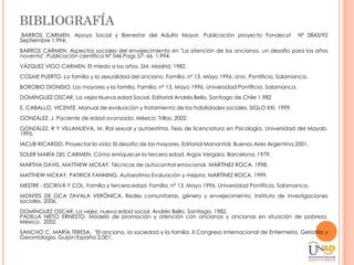 BIBLIOGRAFIA
 BARROS CARMEN. Apoyo Social y Bienestar del Adulto Mayor. Publicación proyecto Fondecyt                    Nº 0843/92
Septiembre 1.994.
BARROS CARMEN. Aspectos sociales del envejecimiento en "La atención de los ancianos, un desafío para los años
noventa". Publicación científica Nº 546.Pags 57- 66. 1.994.
VÁZQUEZ VIGO CARMEN. El miedo a los años. SM. Madrid, 1982.
COSME PUERTO. La familia y la sexualidad del anciano. Familia. nº 13. Mayo 1996. Univ. Pontificia, Salamanca.
BOROBIO DIONISIO. Los mayores y la familia. Familia. nº 13, Mayo 1996. Universidad Pontificia, Salamanca.
DOMÍNGUEZ OSCAR. La vejez Nueva edad Social. Editorial Andrés Bello. Santiago de Chile 1.982
E. CABALLO, VICENTE. Manual de evaluación y tratamiento de las habilidades sociales. SIGLO XXI. 1999.
GONZÁLEZ, J. Paciente de edad avanzada. México: Trillas. 2002.
GONZÁLEZ, R Y VILLANUEVA, M. Rol sexual y autoestima. Tesis de licenciatura en Psicología. Universidad del Mayab.
1995.
IACUB RICARDO. Proyectar la vida: El desafío de los mayores. Editorial Manantial. Buenos Aires Argentina.2001.
SOLER MARÍA DEL CARMEN. Cómo enriquecer la tercera edad. Argos Vergara. Barcelona, 1979.
MARTHA DAVIS, MATTHEW MCKAY. Técnicas de autocontrol emocional. MARTÍNEZ ROCA. 1998.
MATTHEW MCKAY, PATRICK FANNING. Autoestima Evaluación y mejora. MARTÍNEZ ROCA. 1999.
MESTRE - ESCRIVÁ Y COL. Familia y tercera edad. Familia. nº 13, Mayo 1996. Universidad Pontificia, Salamanca.
MONTES DE OCA ZAVALA VERÓNICA. Redes comunitarias, género y envejecimiento. Instituto de investigaciones
sociales. 2006.
DOMÍNGUEZ OSCAR. La vejez, nueva edad social. Andrés Bello. Santiago, 1982.
PADILLA NIETO ERNESTO. Modelo de promoción y atención con ancianos y ancianas en situación de pobreza.
México. 2002.
SANCHO C. MARÍA TERESA. "El anciano, la sociedad y la familia. II Congreso Internacional de Enfermería, Geriatría y
Gerontología. Guijón España 2.001.
 