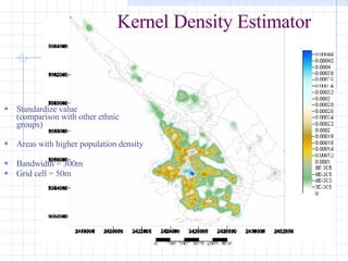 Kernel Density Estimator  Standardize value (comparison with other ethnic groups) Areas with higher population density Bandwidth = 300m Grid cell = 50m 