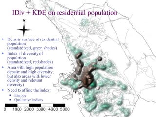 IDiv + KDE on residential population Density surface of residential population  (standardized, green shades) Index of diversity of population  (standardized, red shades) Area with high population density and high diversity, but also areas with lower density and relevant diversity) Need to affine the index: Entropy Qualitative indices 