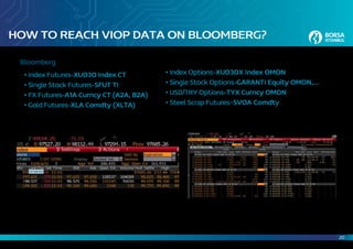 20
HOW TO REACH VIOP DATA ON BLOOMBERG?
Bloomberg
	 • Index Futures-XU030 Index CT
	 • Single Stock Futures-SFUT TI
	 • FX Futures-A1A Curncy CT (A2A, B2A)
	 • Gold Futures-XLA Comdty (XLTA)
	 • Index Options-XU030X Index OMON
	 • Single Stock Options-GARANTI Equity OMON,…
	 • USD/TRY Options-TYX Curncy OMON
	 • Steel Scrap Futures–SVOA Comdty
 