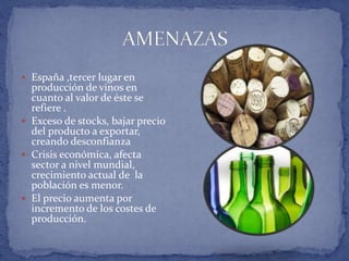  España ,tercer lugar en
producción de vinos en
cuanto al valor de éste se
refiere .
 Exceso de stocks, bajar precio
del producto a exportar,
creando desconfianza
 Crisis económica, afecta
sector a nivel mundial,
crecimiento actual de la
población es menor.
 El precio aumenta por
incremento de los costes de
producción.
 