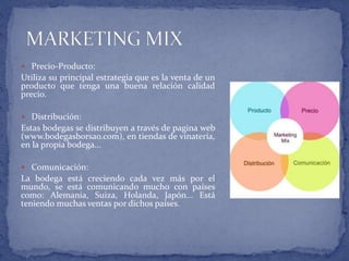  Precio-Producto:
Utiliza su principal estrategia que es la venta de un
producto que tenga una buena relación calidad
precio.
 Distribución:
Estas bodegas se distribuyen a través de pagina web
(www.bodegasborsao.com), en tiendas de vinatería,
en la propia bodega...
 Comunicación:
La bodega está creciendo cada vez más por el
mundo, se está comunicando mucho con países
como: Alemania, Suiza, Holanda, Japón... Está
teniendo muchas ventas por dichos países.
 