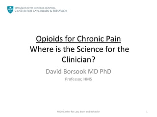 Opioids for Chronic Pain
Where is the Science for the
Clinician?
David Borsook MD PhD
Professor, HMS
1MGH Center for Law, Brain and Behavior
 