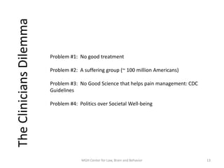 Problem #1: No good treatment
Problem #2: A suffering group (~ 100 million Americans)
Problem #3: No Good Science that helps pain management: CDC
Guidelines
Problem #4: Politics over Societal Well-being
13MGH Center for Law, Brain and Behavior
TheCliniciansDilemma
 