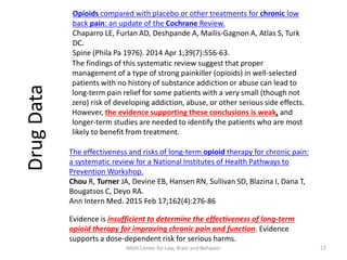 The findings of this systematic review suggest that proper
management of a type of strong painkiller (opioids) in well-selected
patients with no history of substance addiction or abuse can lead to
long-term pain relief for some patients with a very small (though not
zero) risk of developing addiction, abuse, or other serious side effects.
However, the evidence supporting these conclusions is weak, and
longer-term studies are needed to identify the patients who are most
likely to benefit from treatment.
Evidence is insufficient to determine the effectiveness of long-term
opioid therapy for improving chronic pain and function. Evidence
supports a dose-dependent risk for serious harms.
The effectiveness and risks of long-term opioid therapy for chronic pain:
a systematic review for a National Institutes of Health Pathways to
Prevention Workshop.
Chou R, Turner JA, Devine EB, Hansen RN, Sullivan SD, Blazina I, Dana T,
Bougatsos C, Deyo RA.
Ann Intern Med. 2015 Feb 17;162(4):276-86
Opioids compared with placebo or other treatments for chronic low
back pain: an update of the Cochrane Review.
Chaparro LE, Furlan AD, Deshpande A, Mailis-Gagnon A, Atlas S, Turk
DC.
Spine (Phila Pa 1976). 2014 Apr 1;39(7):556-63.
DrugData
17MGH Center for Law, Brain and Behavior
 