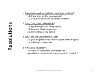1. Do opioids produce addiction in all pain patients?
1.1. If yes, what are the consequences?
1.2. If no, how do we deal with these patients?
2. Data, Data, Data. Where is it?
2.1. Epidemiologic Data (doing better)
2.2. Research Data (doing better)
3.3. Public Policy (doing better)
3. What are the cost-benefit issues?
3.1. pure drug free society - billions spent on the drug war
3.2. suffering in chronic pain
4. A National Imperative
4.1. What are the realistic timelines to new
non-addictive medications for symptomatic Rx the clinic?
20MGH Center for Law, Brain and Behavior
Resolutions
 