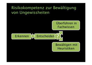 Risikokompetenz zur Bewältigung
von Ungewissheiten

                          Überführen in
                           Fachwissen


 Erkennen   Entscheiden   ?
                          Bewältigen mit
                           Heuristiken
 