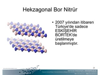Hekzagonal Bor Nitrür <ul><li>2007 yılından itibaren Türkiye'de sadece ESKİŞEHİR BORTEK'de üretilmeye başlanmıştır. </li><...
