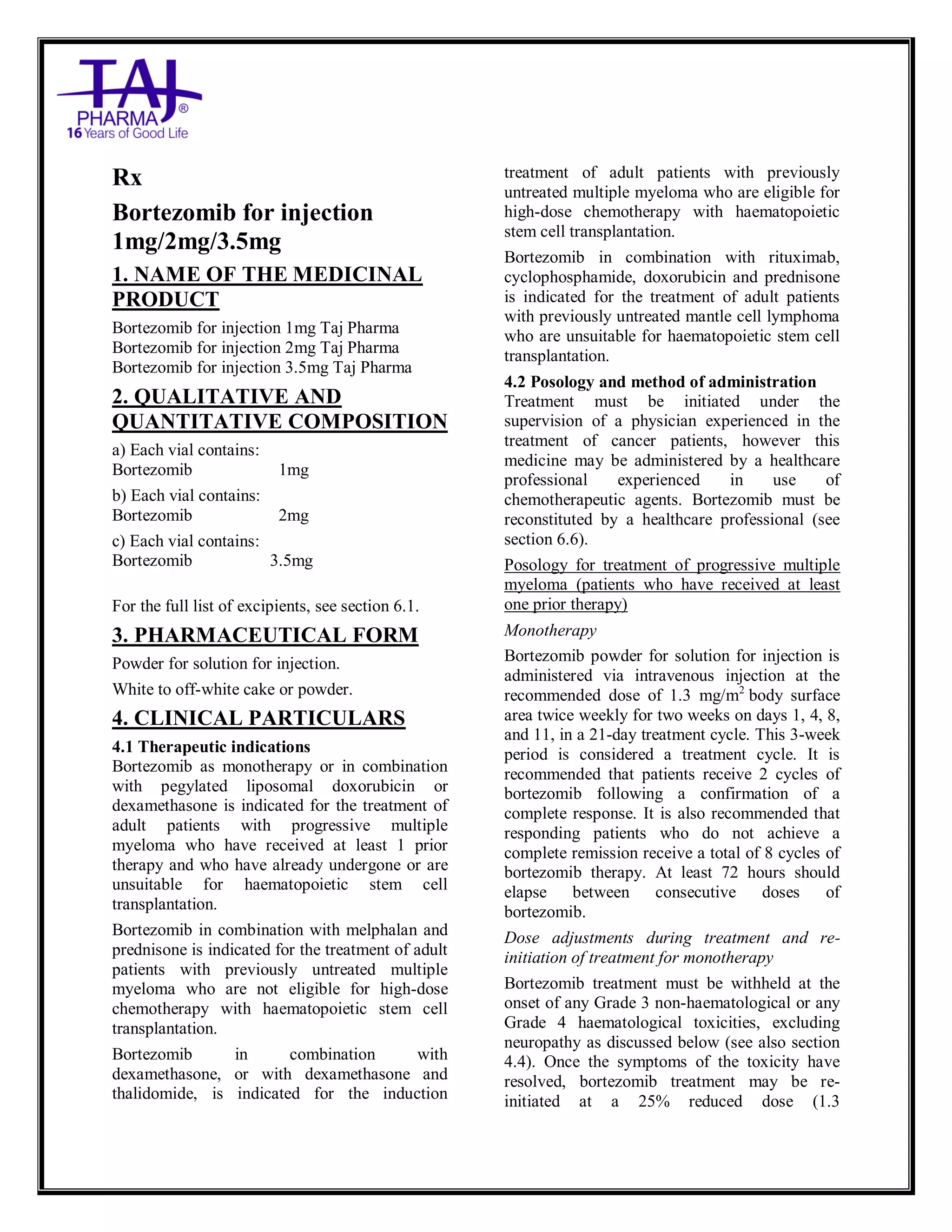 Mpc Inj Bortezomib for Injection Taj Pharma SmPC | PDF