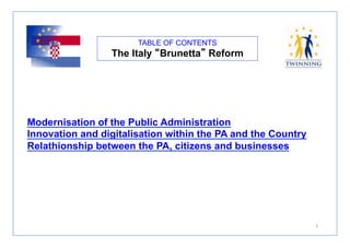 TABLE OF CONTENTS 
The Italy “Brunetta” Reform 
1 
Modernisation of the Public Administration 
Innovation and digitalisation within the PA and the Country 
Relathionship between the PA, citizens and businesses 
 