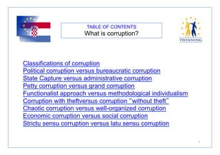 TABLE OF CONTENTS
What is corruption?
1	
  
Classifications of corruption
Political corruption versus bureaucratic corruption
State Capture versus administrative corruption
Petty corruption versus grand corruption
Functionalist approach versus methodological individualism
Corruption with theftversus corruption “without theft”
Chaotic corruption versus well-organized corruption
Economic corruption versus social corruption
Strictu sensu corruption versus latu sensu corruption
 